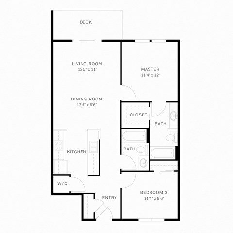 Floor plan for 2 beds, 2 baths, 940 sqft